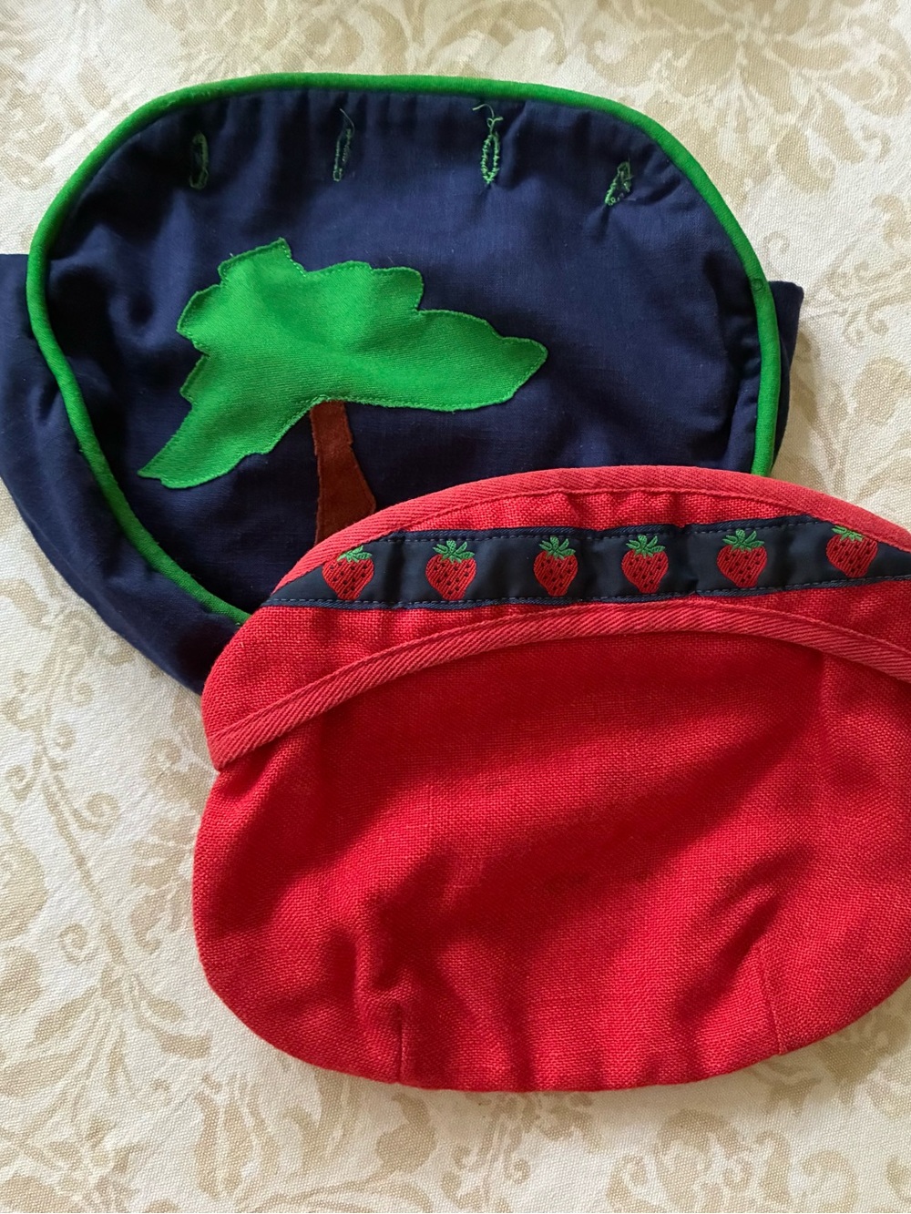 Two Bermuda Bag Covers Navy ~ Tree Red ~ Strawberries 4 Button Cotton Vintage